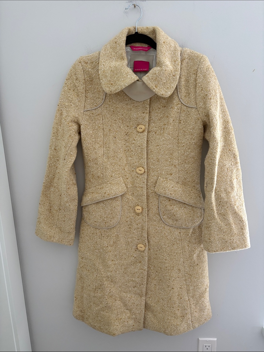 Mackage Wool Blend Coat Leather Trim Cream/Tan Tweed Jacket- Size S
